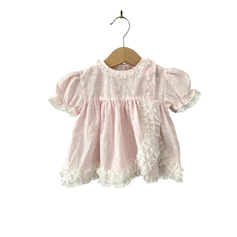 Vintage Cutest One Baby Dress Puff Sleeve Lace Ruffle Pink 12M